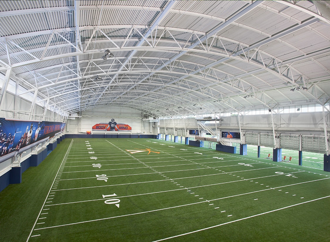 The University of Virginia's Indoor Practice Facility houses a full-size 100-yard artificial turf football field with two end zones and five-yard run-offs and accommodates a 65-foot clear height in the center for kicking.